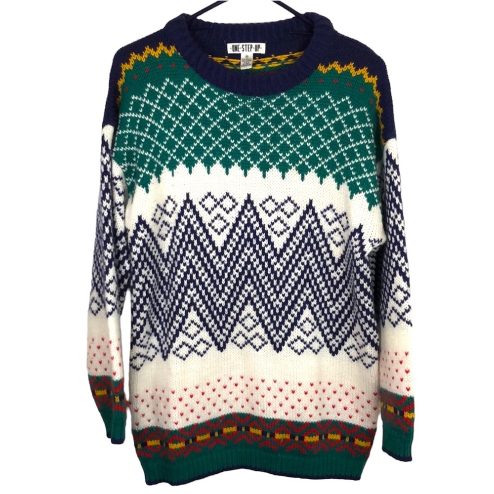 VINTAGE One Step Up Nordic Chevron crew neck Size Medium 80s 90s acrylic sweater